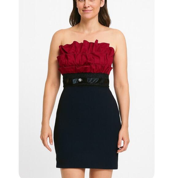 Papaya Maroon and black ruffle top sleeveless bodycon belted dress SZ SM - Picture 1 of 11